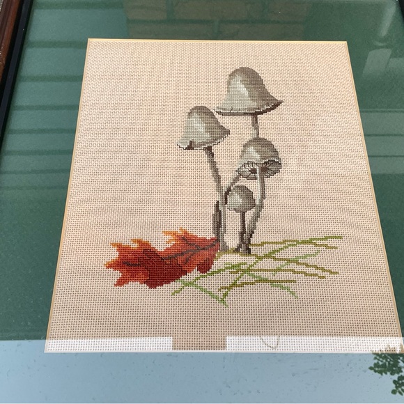 Handmade Needlepoint Mushrooms Framed Set of 3 Cottagecore Rustic Decor Art - Picture 4 of 8